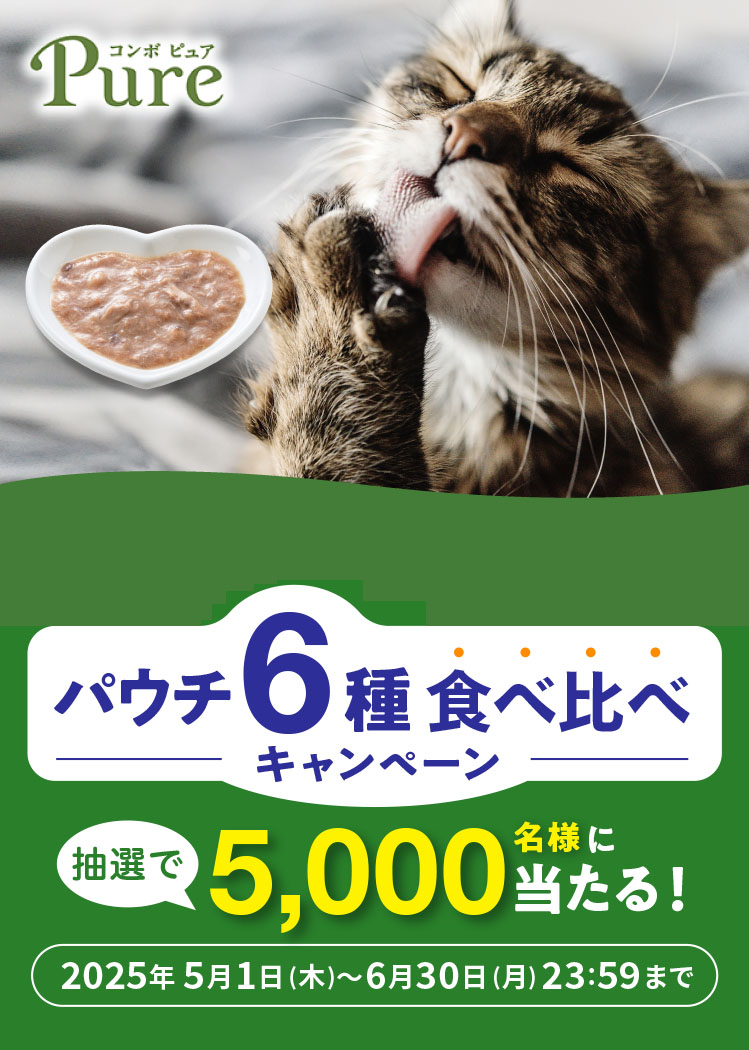 コンボ ピュア パウチ6種食べ比べキャンペーン 抽選で5,000名様に当たる！ 2025年5月1日(木)〜6月30日(月)23:59まで